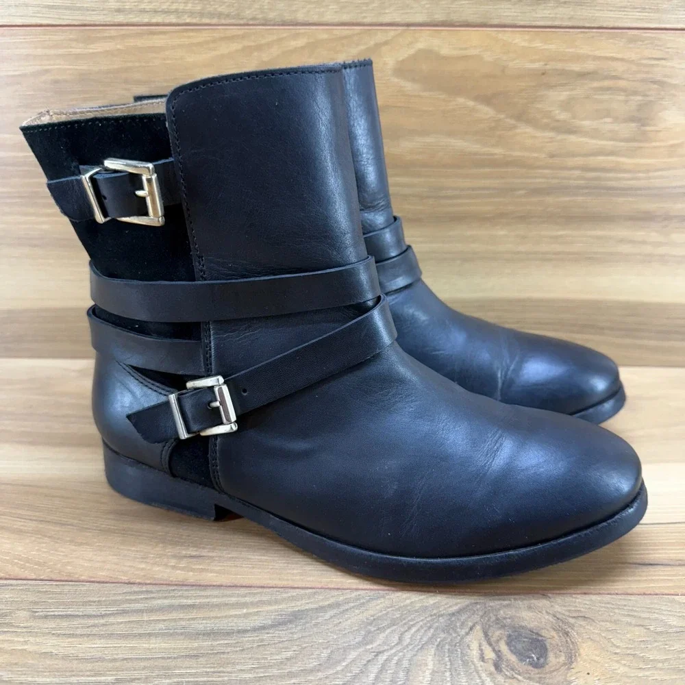 Sezane Womens Ankle Boots 6.5 EU 37 Black‎ Leather Ankle Slip On Equestrian Zip